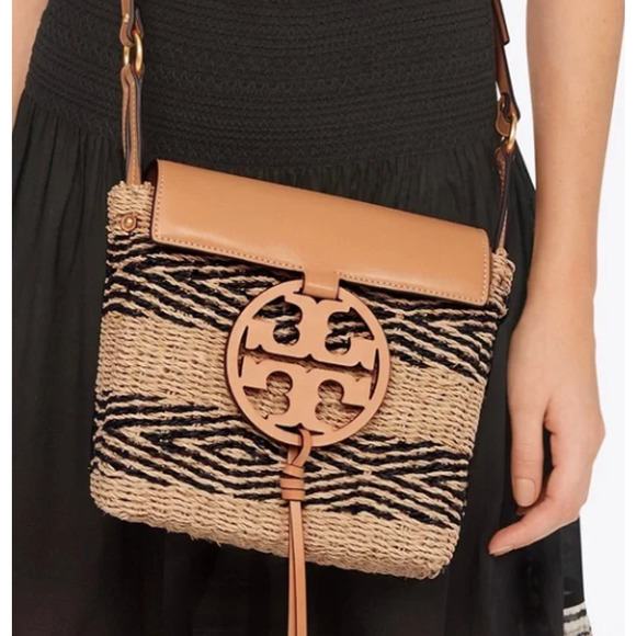 Tory Burch Handbags - Tory Burch Brown Black Miller Stripe Straw Crossbody Bag